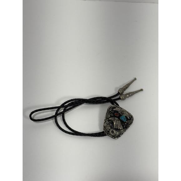 Vintage Montana Silversmiths‎ SSI USA Silver Bolo Tie w/ Turquoise Red Coral